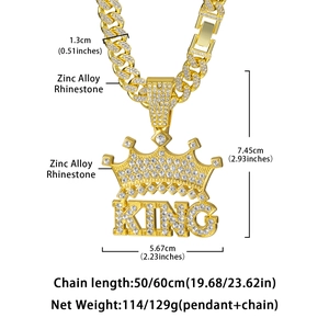 Gold plated KING crown pendant necklace with rhinestones and thick Cuban link chain