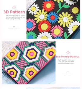 Detail showing 3D embossed floral and geometric silicone luggage claim tags