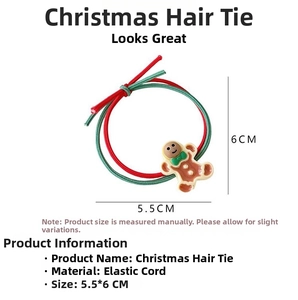 Gingerbread man hair tie detail with dimensions showing elastic cord and festive design