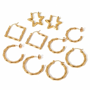 18k gold plated stainless steel hoop earrings in bamboo texture star square and round shapes