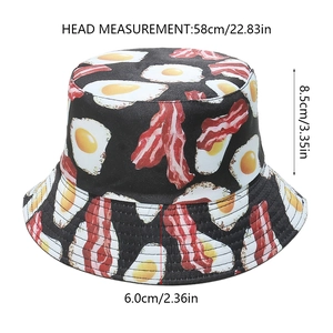 Detailed size specifications for the fried egg and bacon print fisherman bucket hat