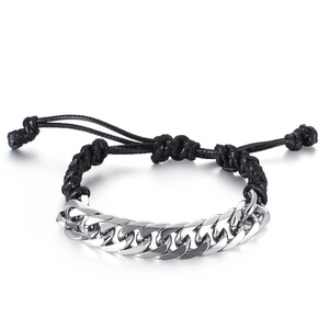 Adjustable stainless steel chain and black braided wax rope bracelet in hip hop street style