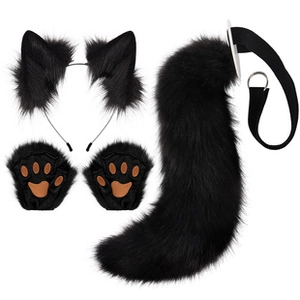 Detailed plush cosplay set featuring black cat ears, paw gloves and a long furry tail