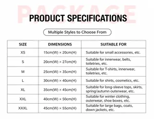 Size guide for plastic gift bags ranging from 15x20CM to 45x55CM for various products