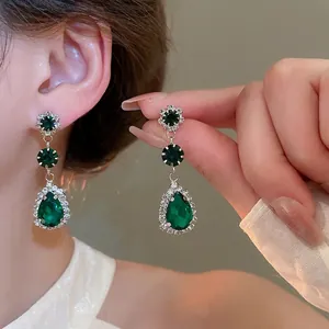 Vintage emerald green teardrop necklace and earrings set with luxurious crystal pavé
