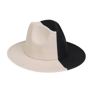 Side view of two-tone gradient fedora hat with wide brim in black and beige wool felt