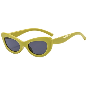 Retro cat-eye sunglasses with avocado green thick frames and dark grey lenses in 45-degree view