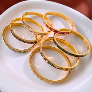 Bracelet Jonc En Émail En Acier Inoxydable Vintage Œil Maléfique Motif Géométrique Doré Ouverture Bijoux De Mode