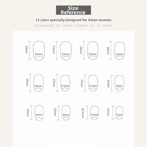 Detailed size chart for dark blue cat eye press-on nails showing 12 standard nail dimensions
