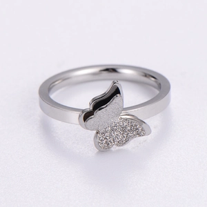 Minimalist double layer silver butterfly ring with frosted texture and polished finish