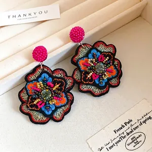 Embroidered Flower Earrings With Beads Rhinestones 925 Sterling Silver Earring Post Retro Ethnic Bohemian Handmade Jewelry