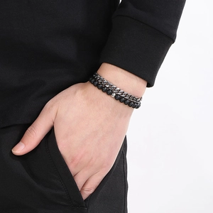 Men's double-layer jewelry set featuring stainless steel Cuban chain and black agate beads