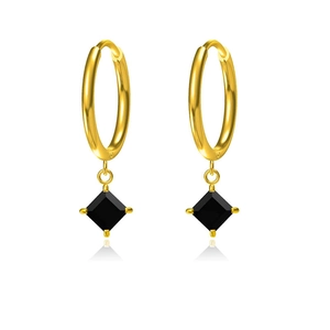 Elegant gold hoop earrings with black square zircon pendants and a soft reflection