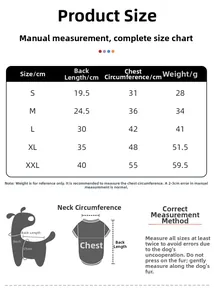 Size chart showing back length and chest measurements for summer pet dog vests
