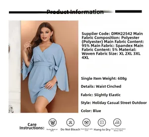 Detail view of blue plus-size V-neck dress fabric texture and garment specifications