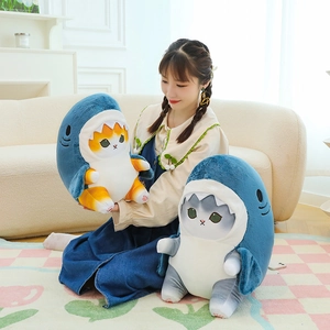 Creative plush shark cat pillows in blue and orange soft fabric for kids decoration