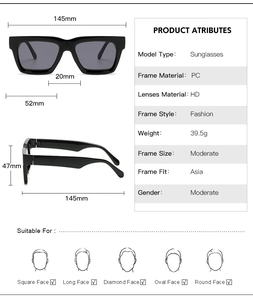 Guide des tailles pour lunettes de soleil carrées avec monture PC et verres HD