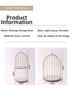 Size specifications for birdcage vanity rack featuring glass tiers and gold iron frame