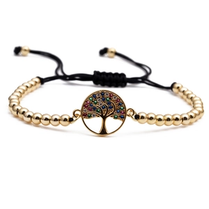 Adjustable tree of life bracelet with gold beads and colorful micro-set cubic zirconia