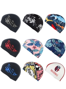 Universal polyester swim caps for adults with various colorful prints and shark patterns