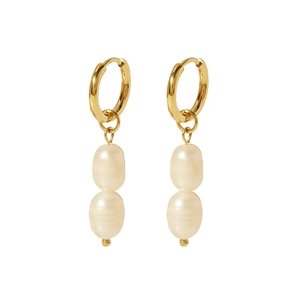 Detailed shot of gold hoop earrings featuring elegant white baroque pearl pendants