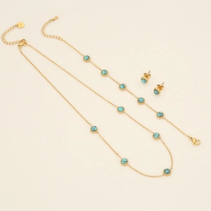 Three-piece stainless steel jewelry set with turquoise stones, necklace bracelet and earrings
