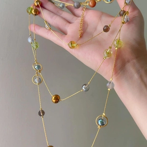 Ethnic vintage crystal beaded long necklace with colorful stones and gold chain link