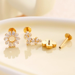 Titanium gold stud earrings set with zircon stones and internal thread flat backs