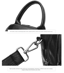 Detail of soft leather handle and silver plated metal buckle on a travel backpack