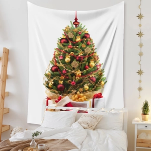Detail view of Bohemian Christmas tree tapestry with gifts hanging on a bedroom wall