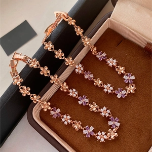Flower Charm Bracelet Rose Gold Plated Copper With Purple Zircon And Artificial Pearl Elegant Niche Jewelry For Women