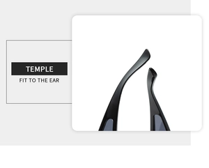 Detail of ergonomic black temple on Y2K ski sunglasses for a comfortable fit to the ear