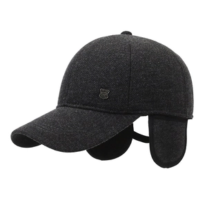 Men's winter grey wool blend baseball cap with thick ear flaps and warm lining