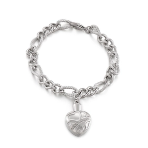 Industrial style stainless steel mixed chain bracelet with textured heart urn pendant