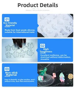 Close-up of flexible food-grade silicone molds in various creative shapes for DIY resin