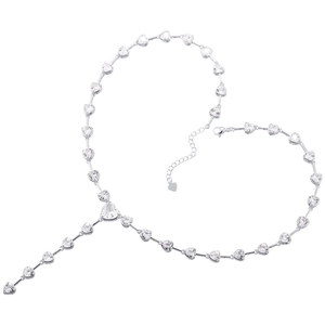 Detailed view of silver Y-shaped necklace featuring heart-shaped crystals in heart layout