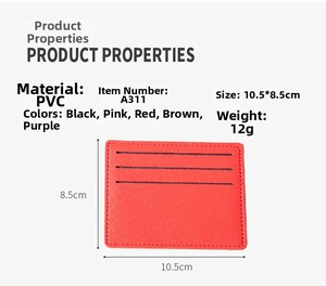 Detail view of ultra-thin red PVC card holder showing dimensions of 10.5x8.5 cm