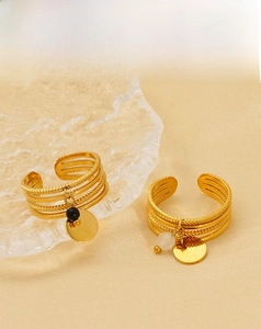 Detail of 18K gold-plated stainless steel layered ring with natural stone pendants