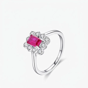 Rectangular Red Gemstone Halo Ring 925 Sterling Silver Vintage Luxury Jewelry For Women