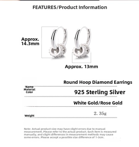 Macro view showing S925 hallmark on silver hoop earrings with diamond pavé pendants