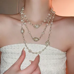 Multi Layer Long Faux Artificial Pearl Necklace With Gold Alloy Rhinestone Oval Charms Vintage French Style Elegant Accessory For Women