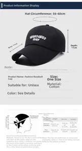 Size chart for cotton baseball cap with 11cm long brim and 56-60cm head circumference