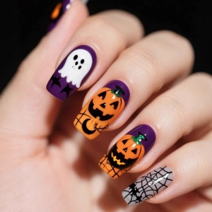 Halloween Ψεύτικα Νύχια Φάντασμα Κολοκύθα Ιστός Αράχνης Μεσαίο Τετράγωνο ABS Μωβ Πορτοκαλί Γαλλικό Στυλ Γυναίκες Πάρτι