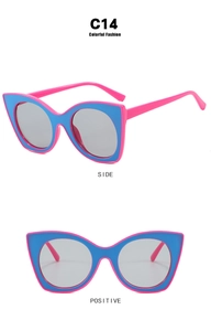 Detailed side and front view of two-tone pink and blue cat eye glasses frame, model C14