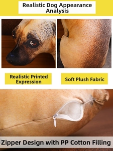 Detailed view of 3D dog pillow showing soft plush fabric, PP cotton filling and zipper