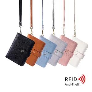 Portable RFID leather passport holder with neck lanyard in six colors with gold airplane