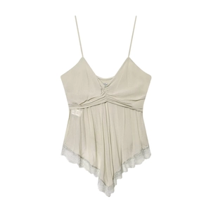Women V Neck Camisole Artificial Pearl Chiffon Pleated Top With Lace Trim Adjustable Straps Summer Fashion Elegant Sleeveless