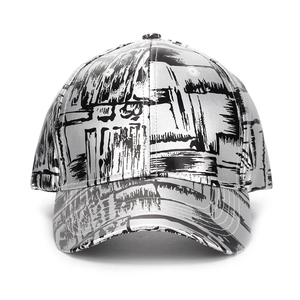 Fashionable metallic silver PU baseball cap with black artistic graffiti patterns