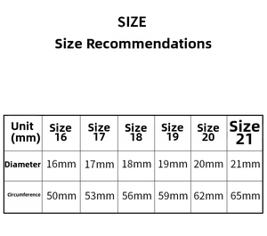 Size chart showing diameter and circumference for 18K gold frosted ring from 16mm to 21mm