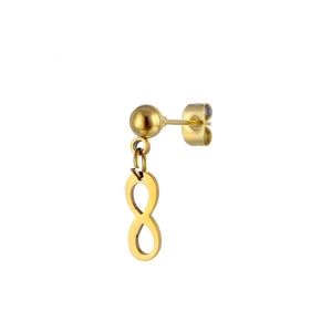 Detail shot of golden ball stud earring featuring a polished infinity symbol pendant